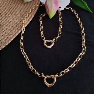 18K Gold Plated Heart chunky Necklace Set Stainless Steel womens Jewelry